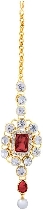 Aheli Kundan and Simulated Colored Stones Indian Ethnic Maang Tikka Necklace and Earrings Set Bollywood Festive Statement Jewelry Gift for Women