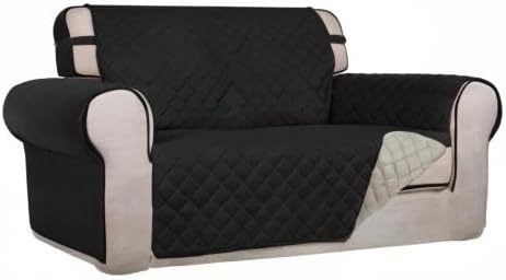 PureFit Reversible Quilted Sofa Cover, Water Resistant Slipcover Furniture Protector, Washable Couch Cover with Non Slip and Elastic Straps for Kids, Dogs, Pets (Loveseat, Black/Beige)