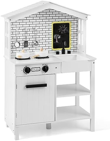 HONEY JOY Kids Kitchen Playset, Farmhouse Pretend Play Toddler Kitchen Set for Kids w/Chalkboard, Marble Backdrop, Window, Storage Shelf, Wooden Play Kitchen for Toddlers, Gift for Boys Girls, White