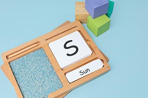 Montessori Sand Tray for Kids 3 4 5 6 Years Old Sand Writing Tray Learning Sensory Toy Educational Alphabet and Phonic Words Comes with Sand, Tray, Lid, 2 Sets of Flashcards, Stylus (Charcoal)