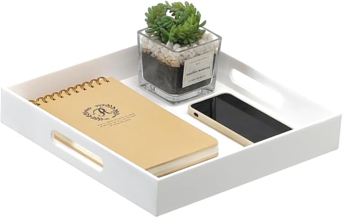 BEYLANG Glossy White Sturdy Acrylic Serving Tray with Handles-12x12 Inch-Serving Coffee,Appetizer,Breakfast,Butler-Kitchen Countertop Tray-Makeup Drawer Organizer-Vanity Table,Ottoman Tray-Decorative
