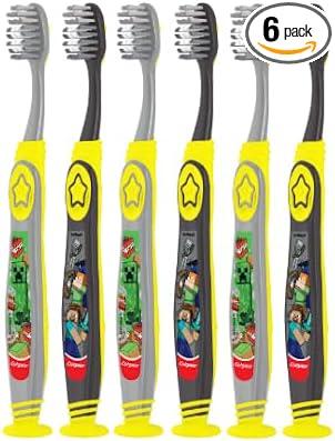 Colgate Kids Manual Minecraft Toothbrush, Minecraft, Extra Soft Bristles, for Children with Suction Cup, Kids 5+ Years Old, Extra Soft (Colors & Characters Vary) - Pck of 6