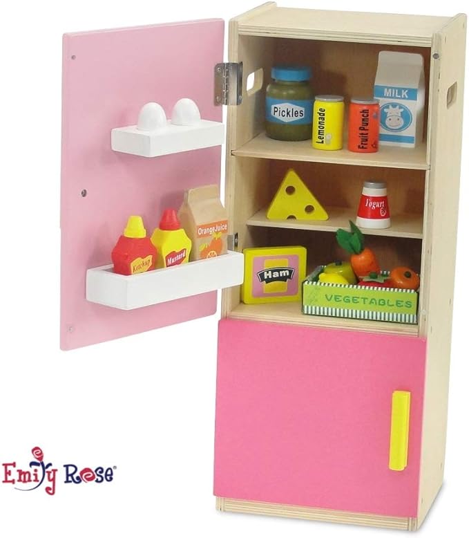 Emily Rose 18 Inch Doll Wooden Play Kitchen Refrigerator Freezer Toy Gift Set, Includes 20 Pretend Food Accessories | Doll Not Included