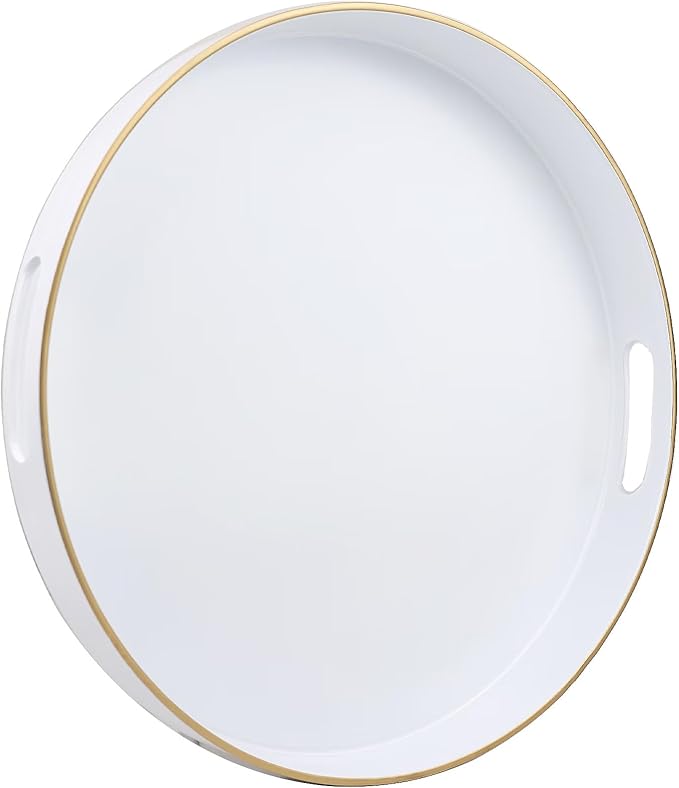 Omuriko White Round Decorative Tray with Handles, 13" Versatile Serving Tray for Coffee Table, Ottoman, Ideal for Serving, Displaying, Organizing