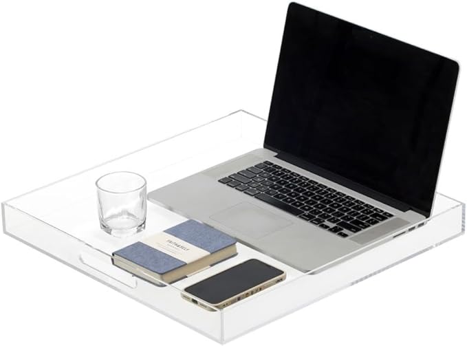 BEYLANG Clear Sturdy Acrylic Serving Tray with Handles-24x24Inch-Serving Coffee,Appetizer,Breakfast,Butler-Kitchen Countertop Tray-Makeup Drawer Organizer-Vanity Table,Ottoman Tray-Decorative Tray