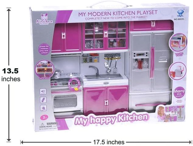 Liberty Imports Doll Kitchen Playset for Kids, My Modern Mini Kitchen House Furniture Pretend Play Toy Accessories Set with Realistic Lights & Sounds for Toddlers, Girls (3-in-1)