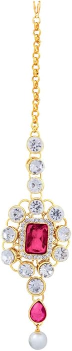 Aheli Kundan and Simulated Colored Stones Indian Ethnic Maang Tikka Necklace and Earrings Set Bollywood Festive Statement Jewelry Gift for Women