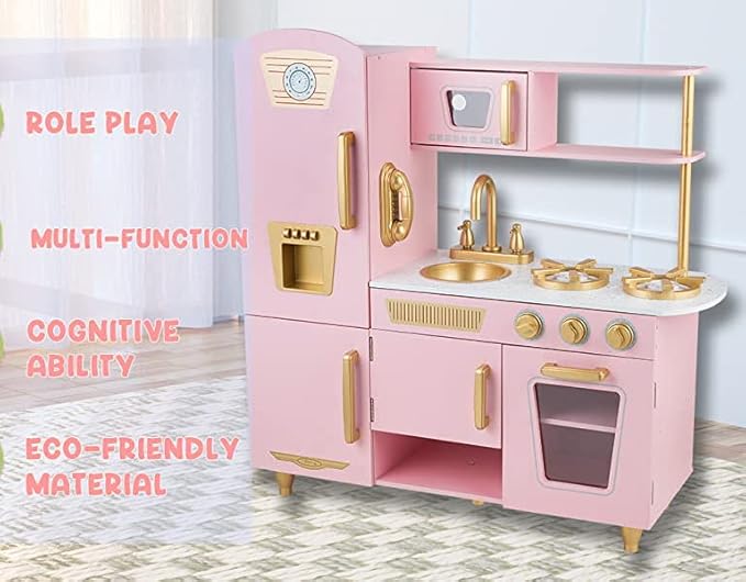 Kitchen Playset for Kids Ages 3-8, Wooden Pretend Play Kitchen, Including Telephone, Ice Maker, Refrigerator, Dimensions: 35” H x 31” W x 12” D (Pink)
