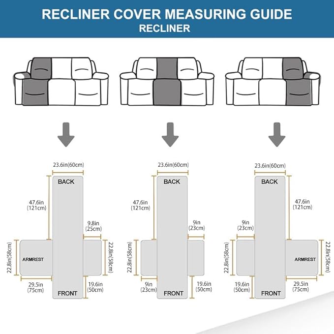 Easehomey Waterproof Recliner Sofa Cover Non-Slip couch cover recliner sofa 3 section with Elastic Straps Two Pockets, Washable Couch Covers Furniture Protector for Kids,Dogs (Dark Grey,Recliner Sofa)