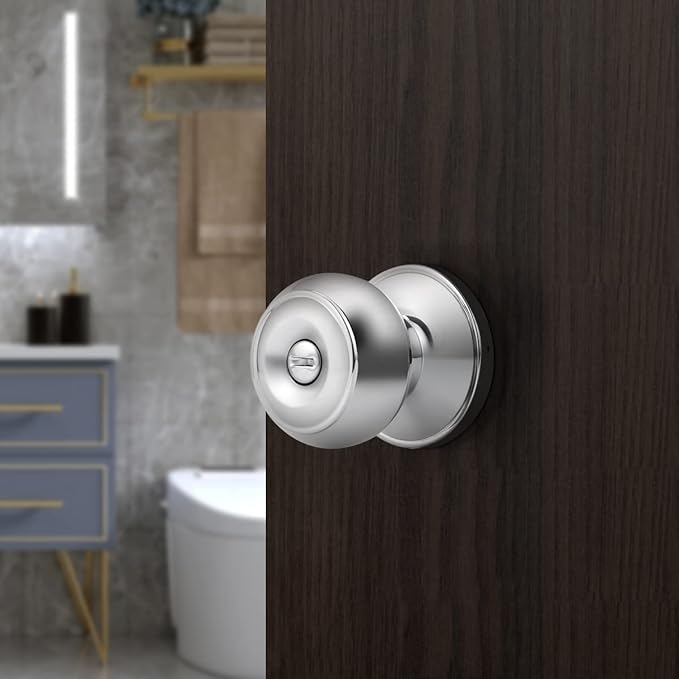 Probrico Polished Chrome Bedroom/Bathroom Privacy Door Knob, Colonial Style Flat Ball Interior Hardware, Keyless Universal Handing Door Lockset, 1 Pack