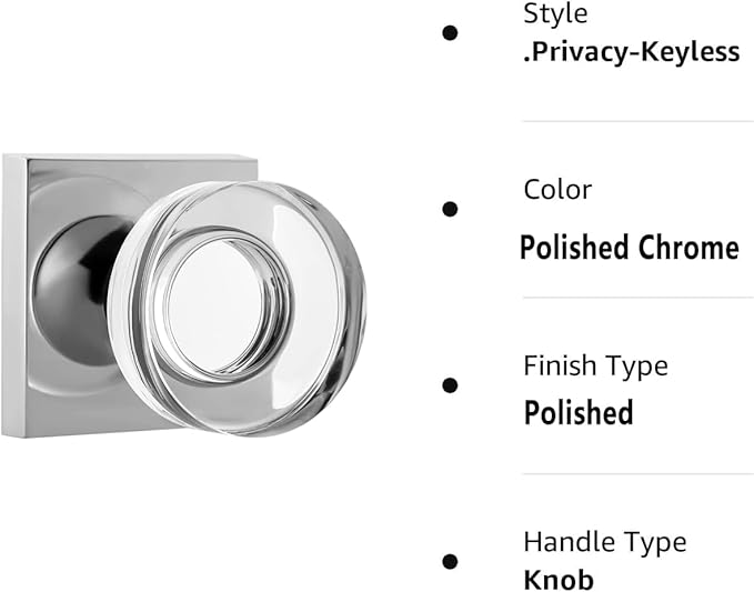 coolnews Crystal Glass Door Knobs Interior with Lock, Modern Round Privacy Door Knob for Bathroom Bedroom, Polished Chrome