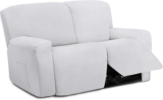 Easy-Going 6 Pieces Microfiber Stretch Sectional Recliner Sofa Slipcover Soft Fitted Fleece 2 Seats Couch Cover Washable Furniture Protector with Elasticity for Kids(Recliner Loveseat, Snow White)