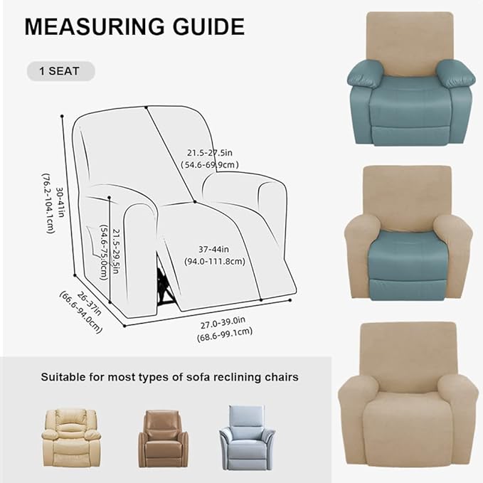 vctops 4 Pieces Jacquard Plush Recliner Slipcovers Stretch Soft Sofa Couch Cover Anti-Slip Solid Color Furniture Protector with Elastic Bottom for Kids Cats Dogs (Lake Blue,1 Seat)