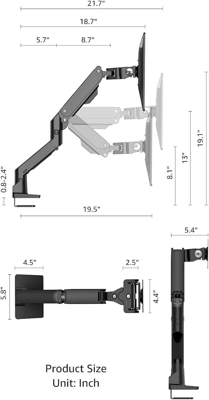 Heavy Duty Monitor Arm Aluminum Single Gas Spring Monitor Arm Suit for Flat/Ultrawide/Cruved Screen 34-49 inch and New 57 inches Screen Weight Capacity up to 44lbs,Black