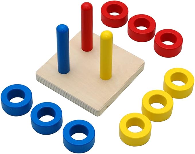 Elite Montessori 3 Wooden Colored Discs on Colored Dowels for 6+ Months, 1 Year Old Baby, Brain Development and Eye Hand Coordination Activities