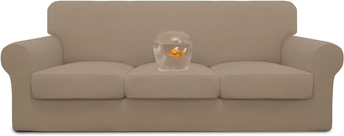 Easy-Going 100% Dual Waterproof Stretch Soft Couch Cover for Dogs, Sofa Slipcover for 3 Separate Cushion Couch Leakproof Furniture Protector for Kids, Pets Camel