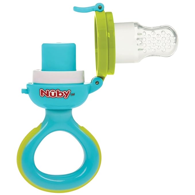 Nuby Baby’s First Food Feeder - Soft Silicone Feeding Pouch with Hygienic Cover | for First Soft Foods and Teething | 2 Pack: Aqua & Blue | Twist n' Feed | Promotes Self Feeding |10+ Months