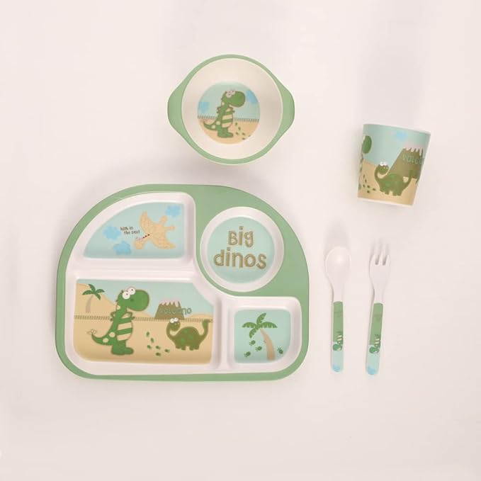 Kids Dinnerware Set Bamboo 5 Pcs Plate Bowl Cup Fork Spoon (Dinosaur)