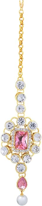 Aheli Kundan and Simulated Colored Stones Indian Ethnic Maang Tikka Necklace and Earrings Set Bollywood Festive Statement Jewelry Gift for Women