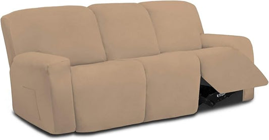 Easy-Going 8 Pieces Microfiber Stretch Sectional Recliner Sofa Slipcover Soft Fitted Fleece 3 Seats Couch Cover Washable Furniture Protector with Elasticity for Kids Pet(Recliner Sofa, Camel)