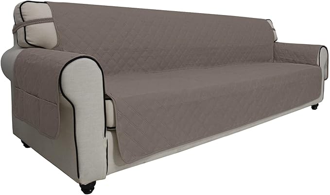 Easy-Going Sofa Slipcover Waterproof Sofa Cover Couch Cover for 4 Cushion Couch with Elastic Straps Washable Non-Slip Furniture Protector Cover for Pets, Dogs, Cat (XX-Large, Taupe)