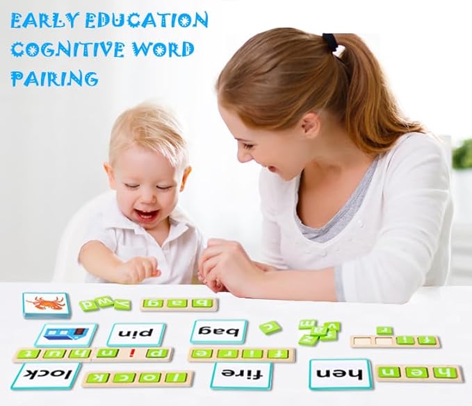 Wooden CVC Word Spelling Games for Kids Ages 3-6, Montessori Educational Toys, Preschool Kindergarten Learning Activities for Toddlers 3 4 5 6 Years Old, Wooden Spelling Blocks