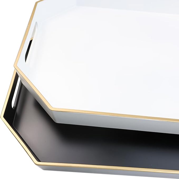 Omuriko White Decorative Tray with Handles, Octagon Versatile Serving Tray for Coffee Table, Ottoman, Ideal for Serving, Displaying, Organizing