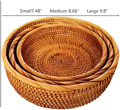 amololo 3 Pack Hadewoven Round Rattan Fruit Basket Wicker Food Tray Weaving Storage Holder Dinning Room Bowl, 10 Inch Small Wicker Basket Serving Tray Woven Basket for Bread,Snack,Brown(3-Size Kit)