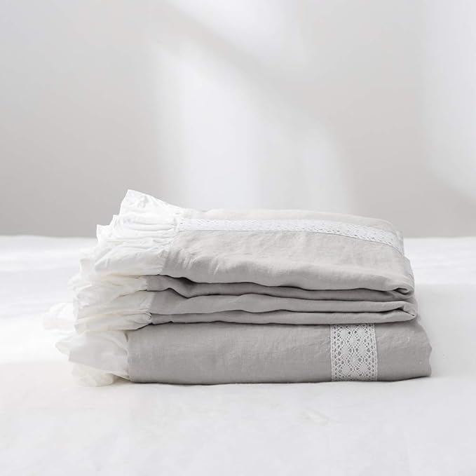 Simple&Opulence 100% Linen Duvet Cover Set (88"x92") Floral Flax Queen Size, Shabby Chic Ruffle Edge Lace Insert Decoration, 3 Pcs Farmhouse Bedding-1 Comforter Cover 1 Pillow Shams, Floral Grey