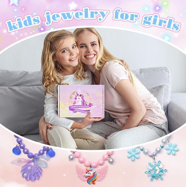 21Pcs Toddler Girls Jewelry Princess Dress Up Hair Bows Bead Necklace Bracelets Pendant Earring Rings, Unicorn Mermaid Forzen Party Favors Costume Accessories Little Girl Birthday Gift Jewelry Toys