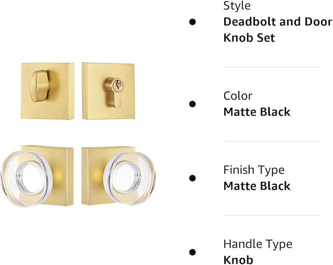 coolnews Single Cylinder Deadbolt and Crystal Glass Passage Door Knob Combo Set, Satin Brass Finish