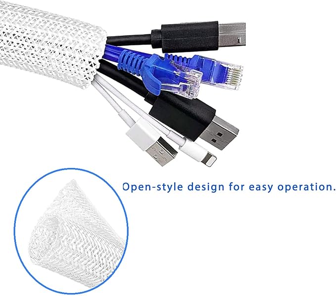 3/4"-50ft Extra-Long Braided Cable Sleeve Protector - Self-Wrapping Pet-Proof Wire Loom for Home Theater, Office, Car Engine, Chew-Resistant Cord Cover, White