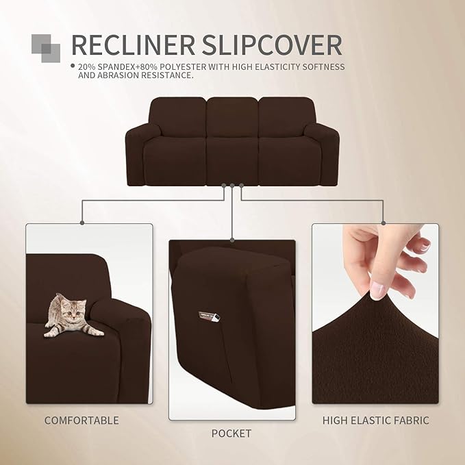 Easy-Going 8 Pieces Microfiber Stretch Sectional Recliner Sofa Slipcover Soft Fitted Fleece 3 Seats Couch Cover Washable Furniture Protector with Elasticity for Kids Pet(Recliner Sofa, Coffee)
