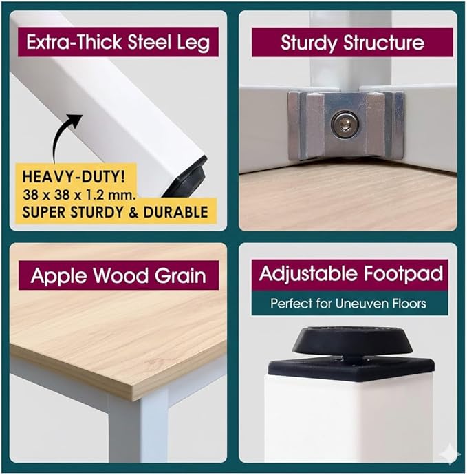 55 inch Large Computer Desk Wood, Modern Simple Style Desk for Home Office, Bedroom, Study Student Writing Desk, Small Spaces, White Metal Frame, Apple Wood Grain Top