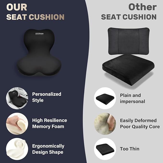 Coverado Car Seat Cushion and Lumbar Support Pillow One Piece, Memory Foam Ergonomic Back Support Driving Seat Cushion for Back Pain, Non-Slip Washable Cushion for Car, Driver, Office