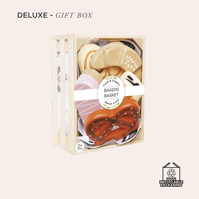 Le Toy Van - Educational Wooden Honeybee Market Baker's Basket Crate | Wood Play Food | Supermarket Pretend Play Shop Food