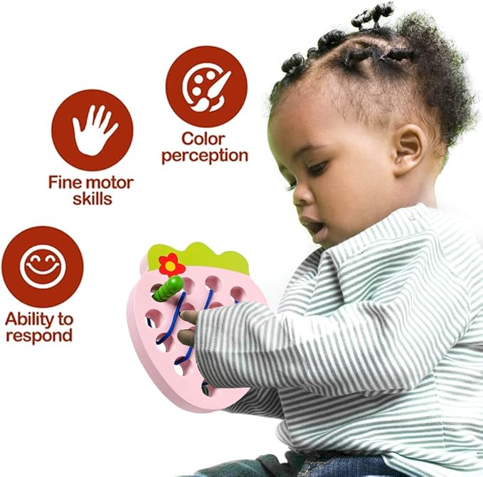Wooden Lacing Toys for Toddlers, Baby Toys Strawberry Threading Toys Learning Fine Motor Skills,Montessori Sensory Educational Toys Wooden Block Puzzle Travel Toys for 1 2 3 Years Old Baby Boys Girls