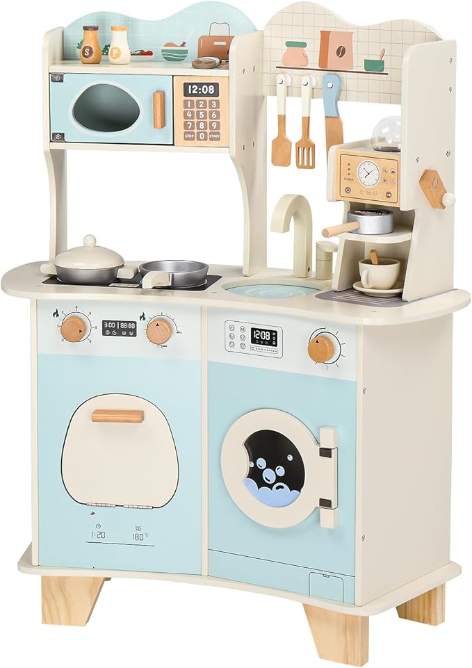 Ktaxon Wooden Play Kitchen with Coffee Maker, Pretend Kitchen Playset for Kids with Toy Washing Machine, Oven, Microwave & Cooking Set Accessories for 3+ Years