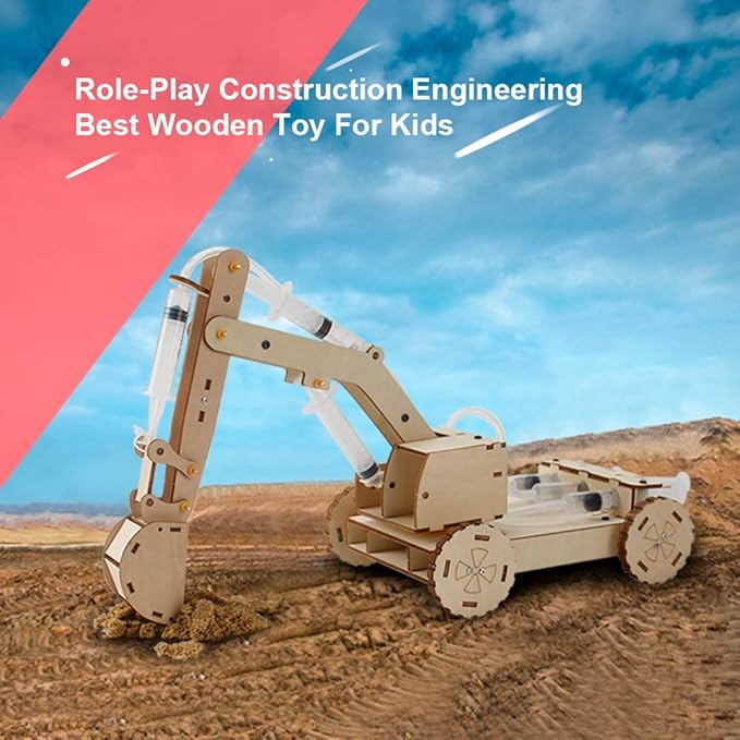 Mini Tudou 3D Wooden Construction Excavator Vehicle Toys Set, STEM Science Kit with Air Pressure System to Build A Wood Excavator Model Including 3 Replaceable Gripper & Digger for Kids Boys Girls
