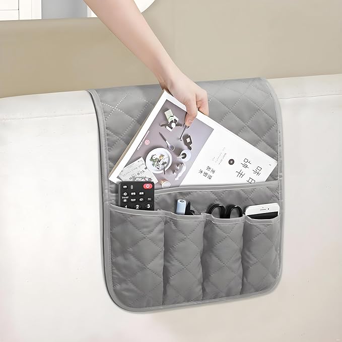 Sofa Armrest Organizer Non-Slip Arm Chair Bedside Storage Caddy Organizer Armchair Caddy for Recliner Couch Remote Holder with 5 Pockets for Cell Phone TV Remote Control Magazines(Grey)