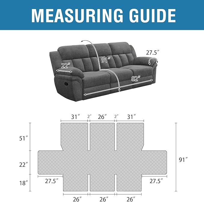 H.VERSAILTEX 100% Waterproof Recliner Sofa Cover Recliner Couch Cover for 3 seat Non Slip Reclining Couch Cover for Dog Washable Furniture Protector with Elastic Straps(Recliner Sofa, Pale Aqua)