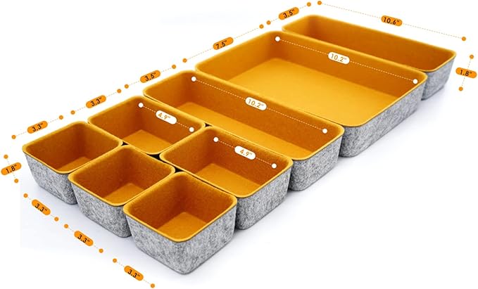 Welaxy Felt Desk Drawer Organizer Trays, 8-Piece Storage Bins for Office Supplies, Entryway Catchall, Makeup & Decluttering (Curry)