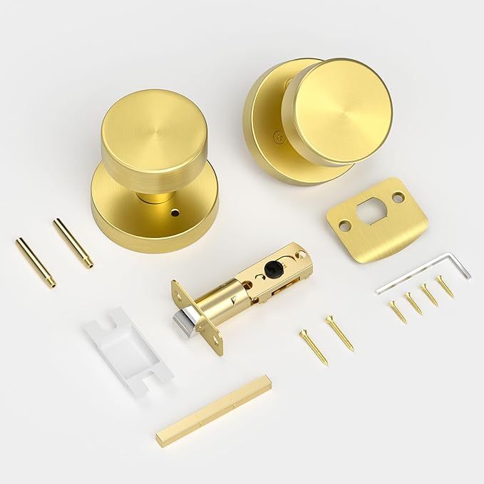 Gold Door Knob Privacy Door Knobs Interior Satin Brass Door Knobs Modern Round Door Handles for Bedroom and Bathroom Brushed Gold Door Knob