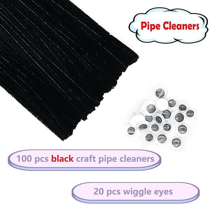 Cldamecy 100 pcs Black Pipe Cleaners with 20 pcs Googly Eyes,Chenille Stems for Craft Project,Craft Pipe Cleaners for DIY Projects,Arts and Holiday Decoration