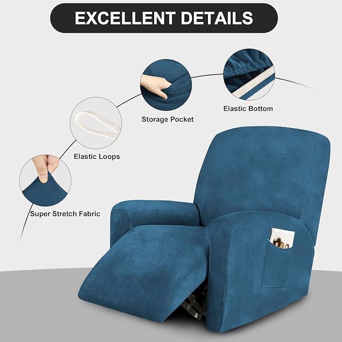 Festicorp Recliner Chair Covers Real Velvet 4-Pieces Recliner Covers for Small Lazy Boy Recliner Chair Stretch Recliner Sofa Slipcovers Furniture Protector with Side Pocket & Elastic Bottom, Deep Teal