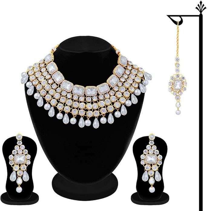 Aheli Kundan and Simulated Colored Stones Indian Ethnic Maang Tikka Necklace and Earrings Set Bollywood Festive Statement Jewelry Gift for Women