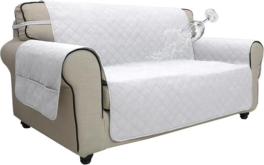 Easy-Going Waterproof Oversized Loveseat Covers Leakproof Couch Cover for 2 Cushion Couch Sofa Cover Washable Sofa Slipcover Non-Slip Furniture Protector with Pocket for Pets (Medium-XL, White)