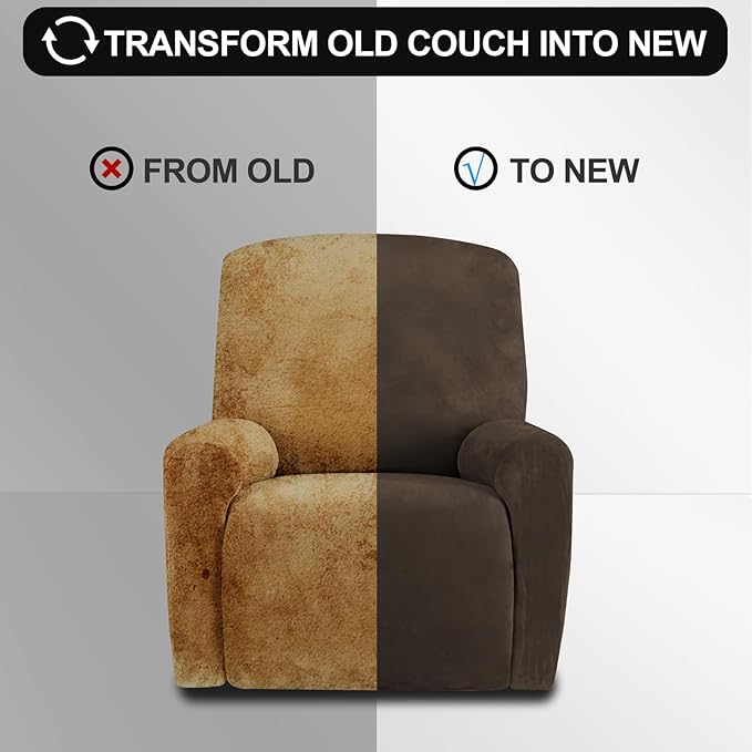 FestiCorp Recliner Chair Covers Real Velvet 4-Pieces Recliner Covers for Small Lazy Boy Recliner Chair Stretch Recliner Sofa Slipcovers Furniture Protector with Side Pocket & Elastic Bottom, Brown