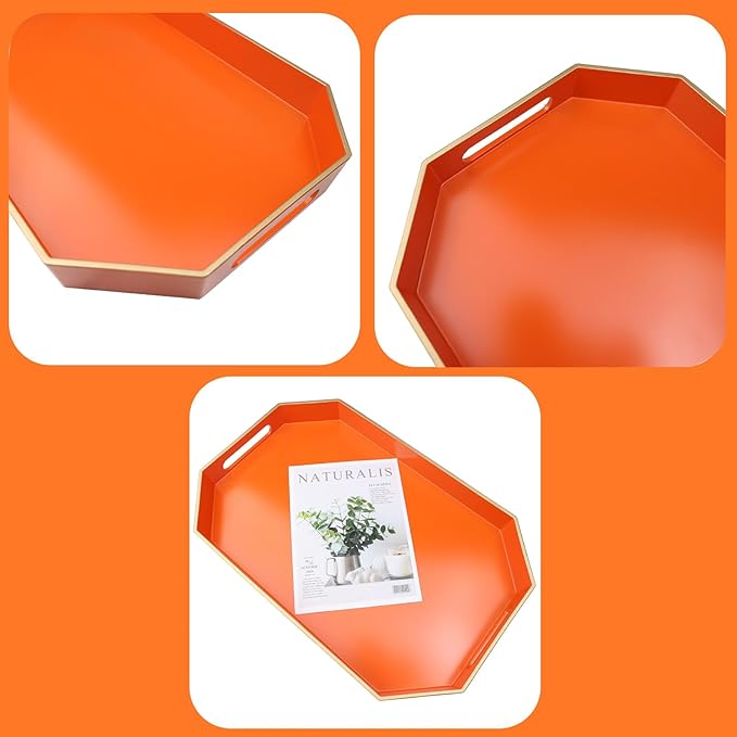 Omuriko Orange Decorative Tray with Handles, Versatile Serving Tray for Coffee Table, Ottoman, Ideal for Serving, Displaying, Organizing, 15.7"*10.2"*1.57"