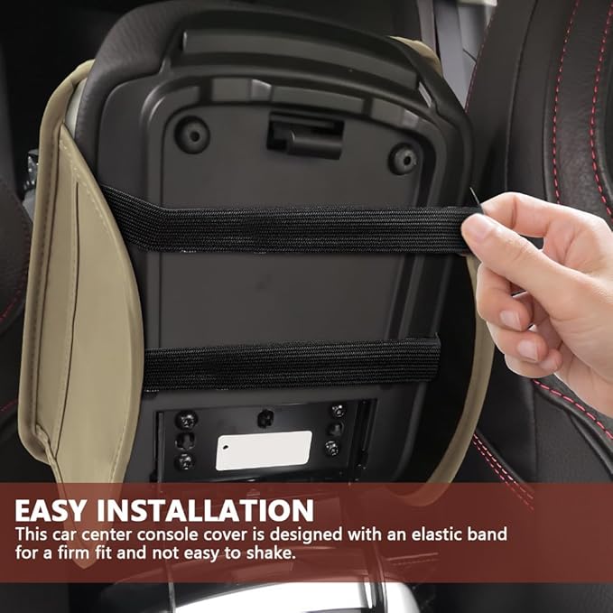 ongfuwu Car Center Console Cover, 12"×7.87" Waterproof Leather Auto Armrest Cover Protector with 2 Pocket, Comfortable Arm Rest Box Cushion Pad, Universal Interior Car Accessories (Beige)